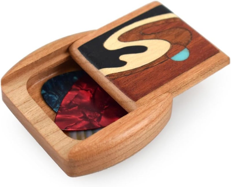 Modern Artisans Guitar Pick Caddy Box, American Made Cherry Wood with Wave Inlay with 3 Picks - Image 1